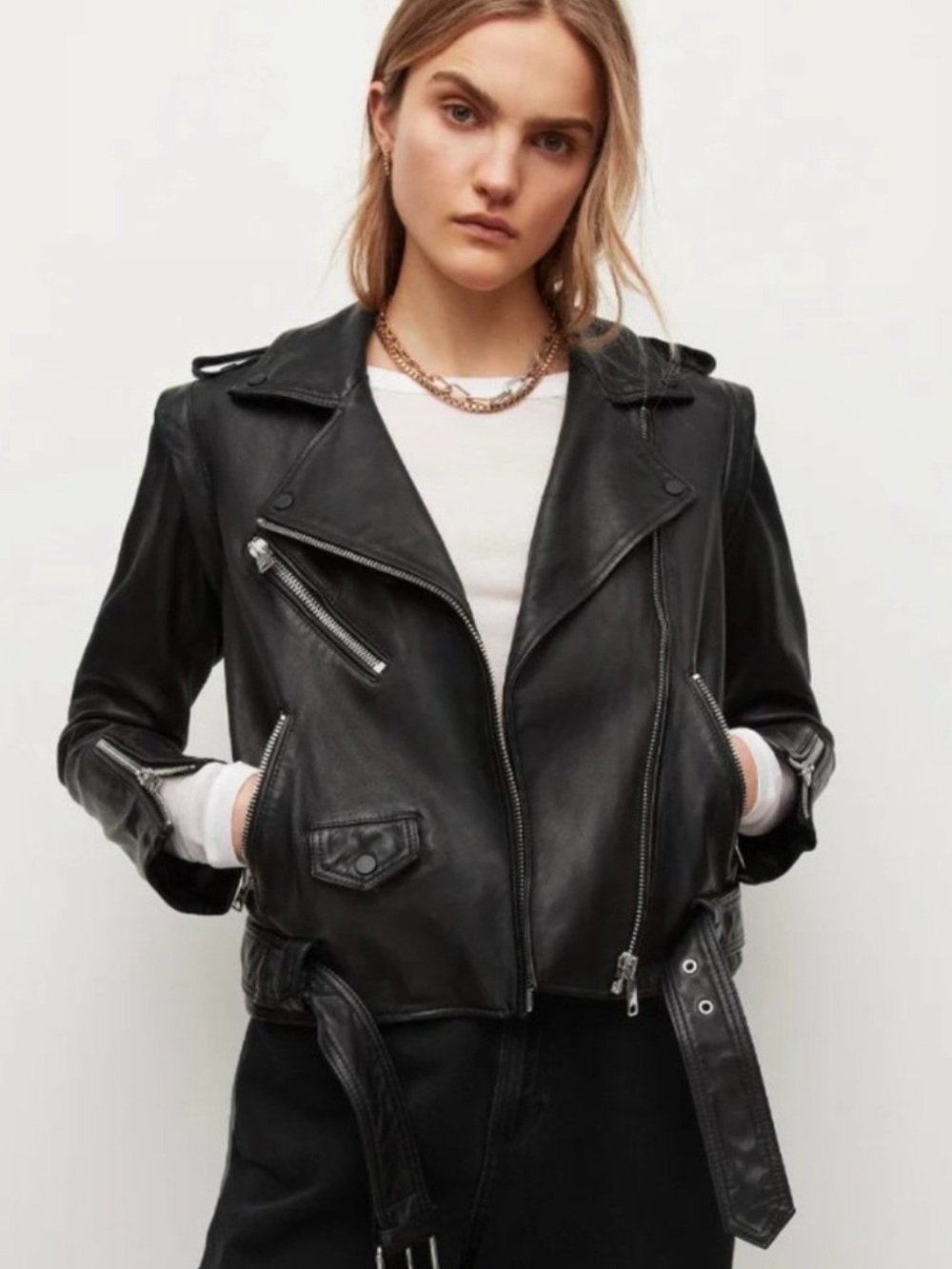 AllSaints Black Leather Biker Jacket 2 in 1 - Picture 2 of 14
